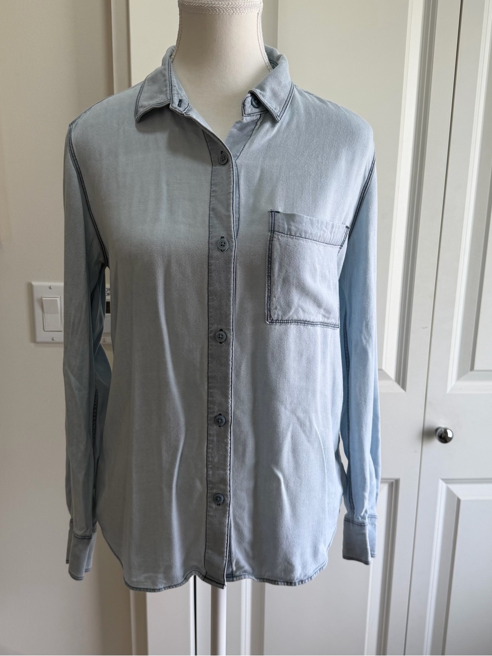 Talula Light Wash Chambray Denim Button Down Shirt Cotton Soft Blouse Size S